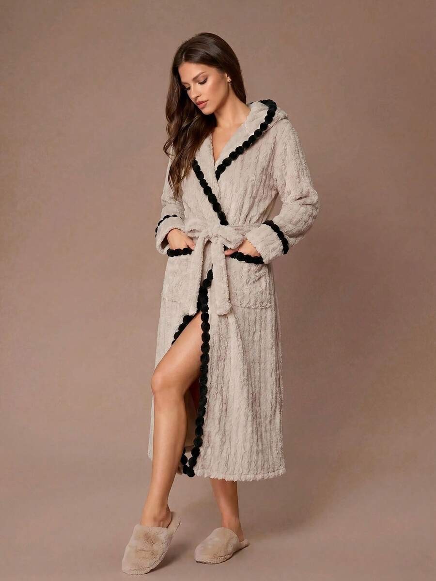 Women's Long Plush Robe, Taupe Hooded Bathrobe with Black Pom Pom Trim, Tie Belt and Pockets, Taupe, view 3