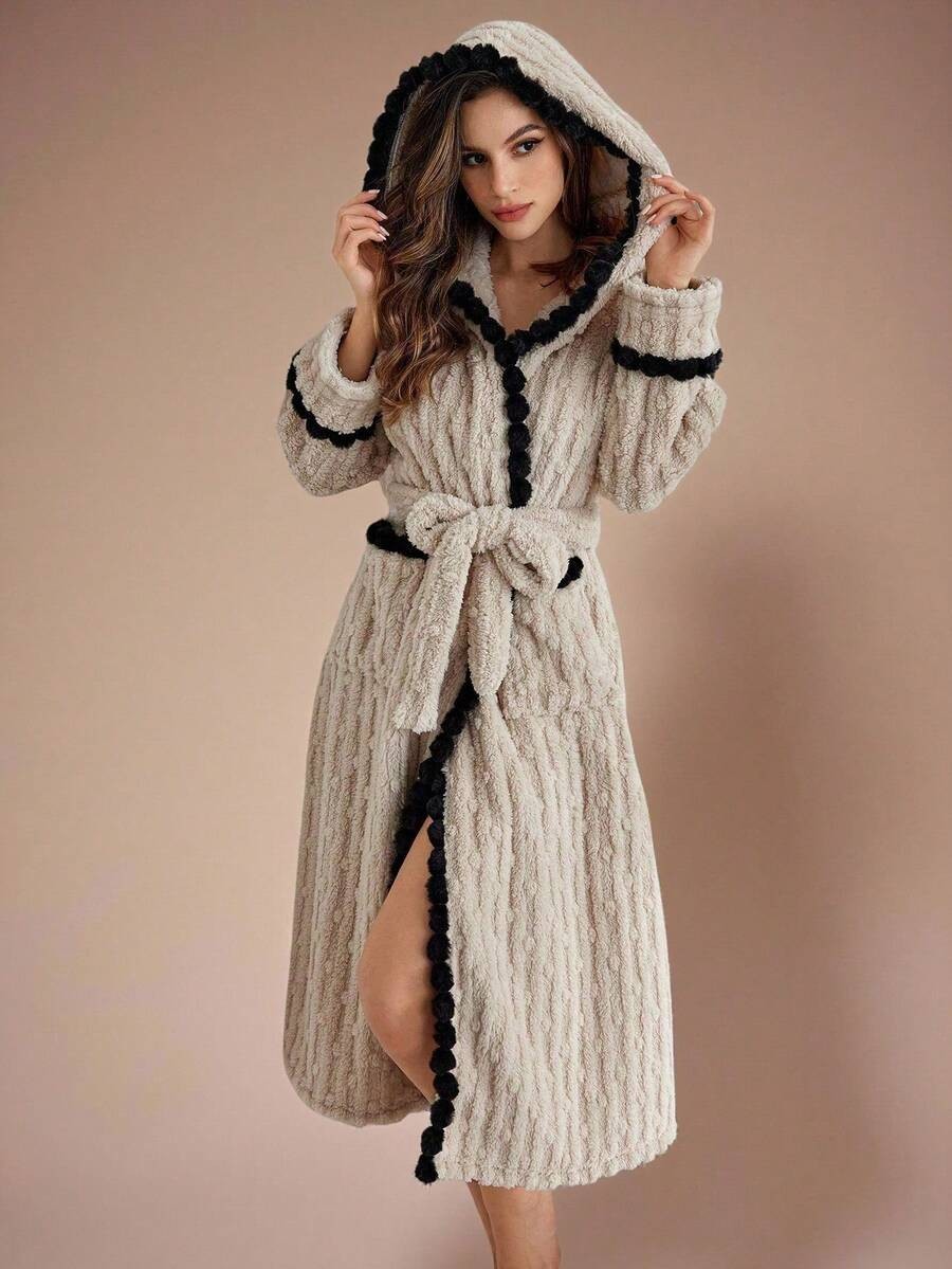 Women's Long Plush Robe, Taupe Hooded Bathrobe with Black Pom Pom Trim, Tie Belt and Pockets, Taupe, view 4