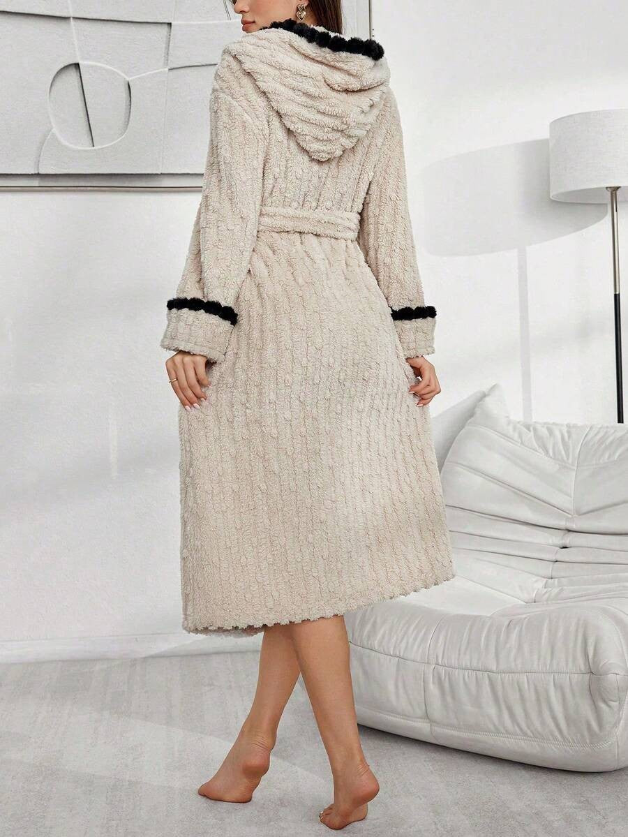 Women's Long Plush Robe, Taupe Hooded Bathrobe with Black Pom Pom Trim, Tie Belt and Pockets, Taupe, view 5