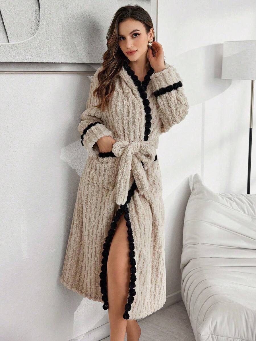 Women's Long Plush Robe, Taupe Hooded Bathrobe with Black Pom Pom Trim, Tie Belt and Pockets, Taupe, view 6
