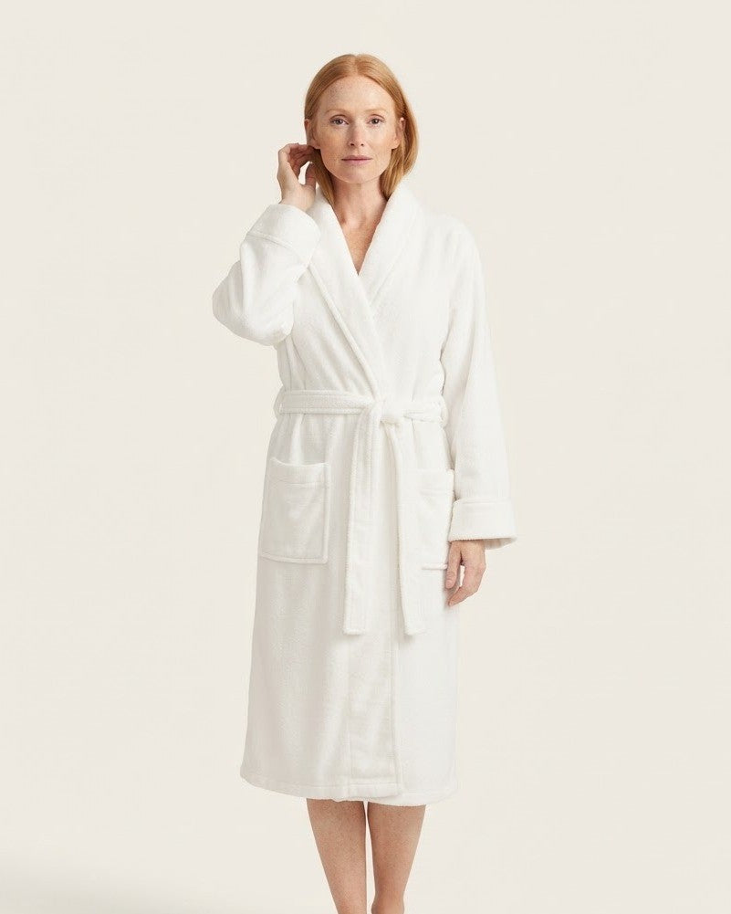 Women's Long Plush Robe, White Fleece Bathrobe with Shawl Collar, Tie Belt and Two Pockets, White