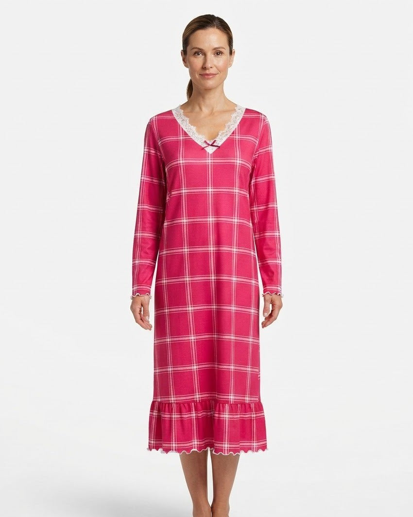 Women's Long Sleeve Nightgown, Hot Pink Plaid Midi Sleep Dress with Lace V-Neck and Ruffle Hem, Hot Pink