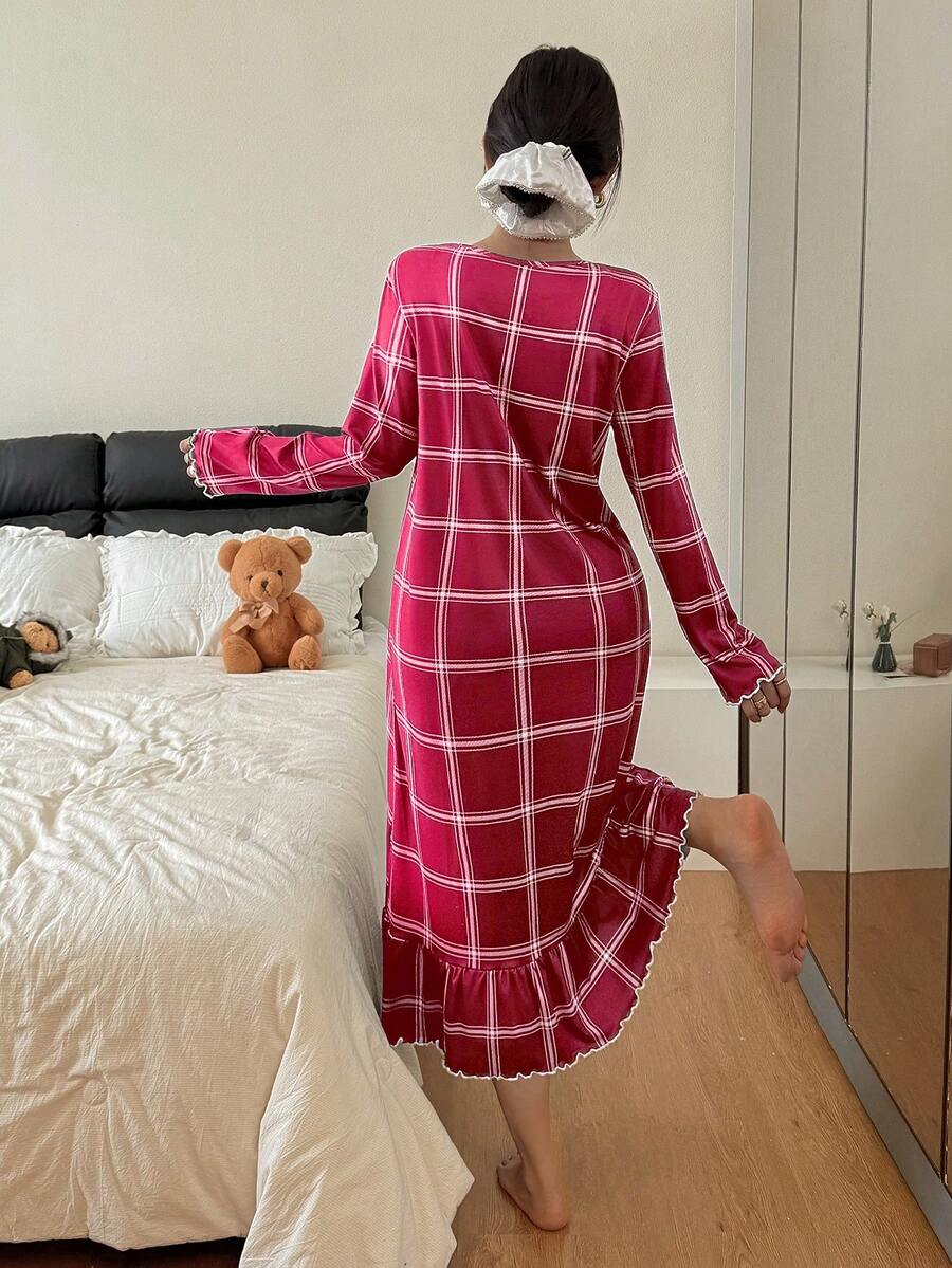 Women's Long Sleeve Nightgown, Hot Pink Plaid Midi Sleep Dress with Lace V-Neck and Ruffle Hem, Hot Pink, view 2