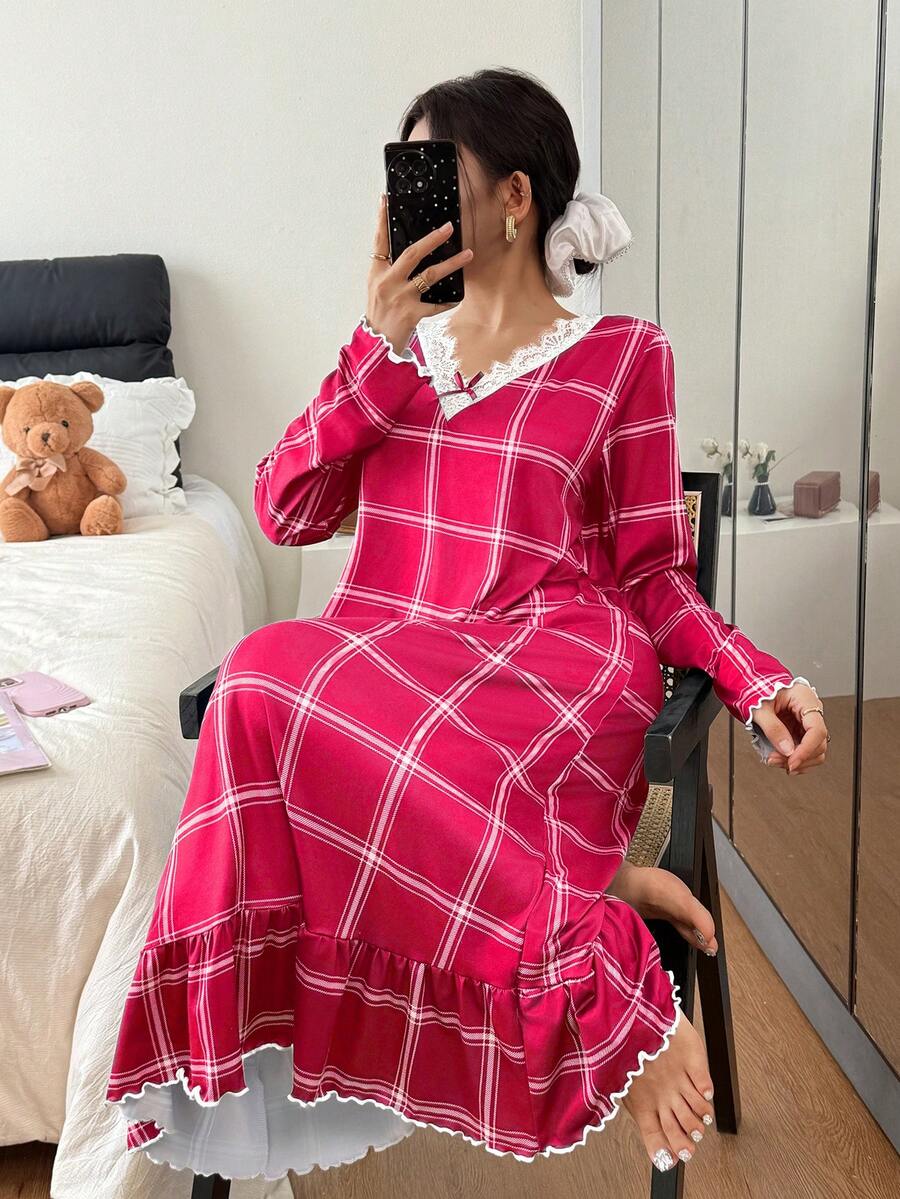 Women's Long Sleeve Nightgown, Hot Pink Plaid Midi Sleep Dress with Lace V-Neck and Ruffle Hem, Hot Pink, view 3