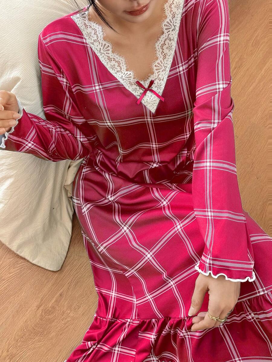 Women's Long Sleeve Nightgown, Hot Pink Plaid Midi Sleep Dress with Lace V-Neck and Ruffle Hem, Hot Pink, view 4