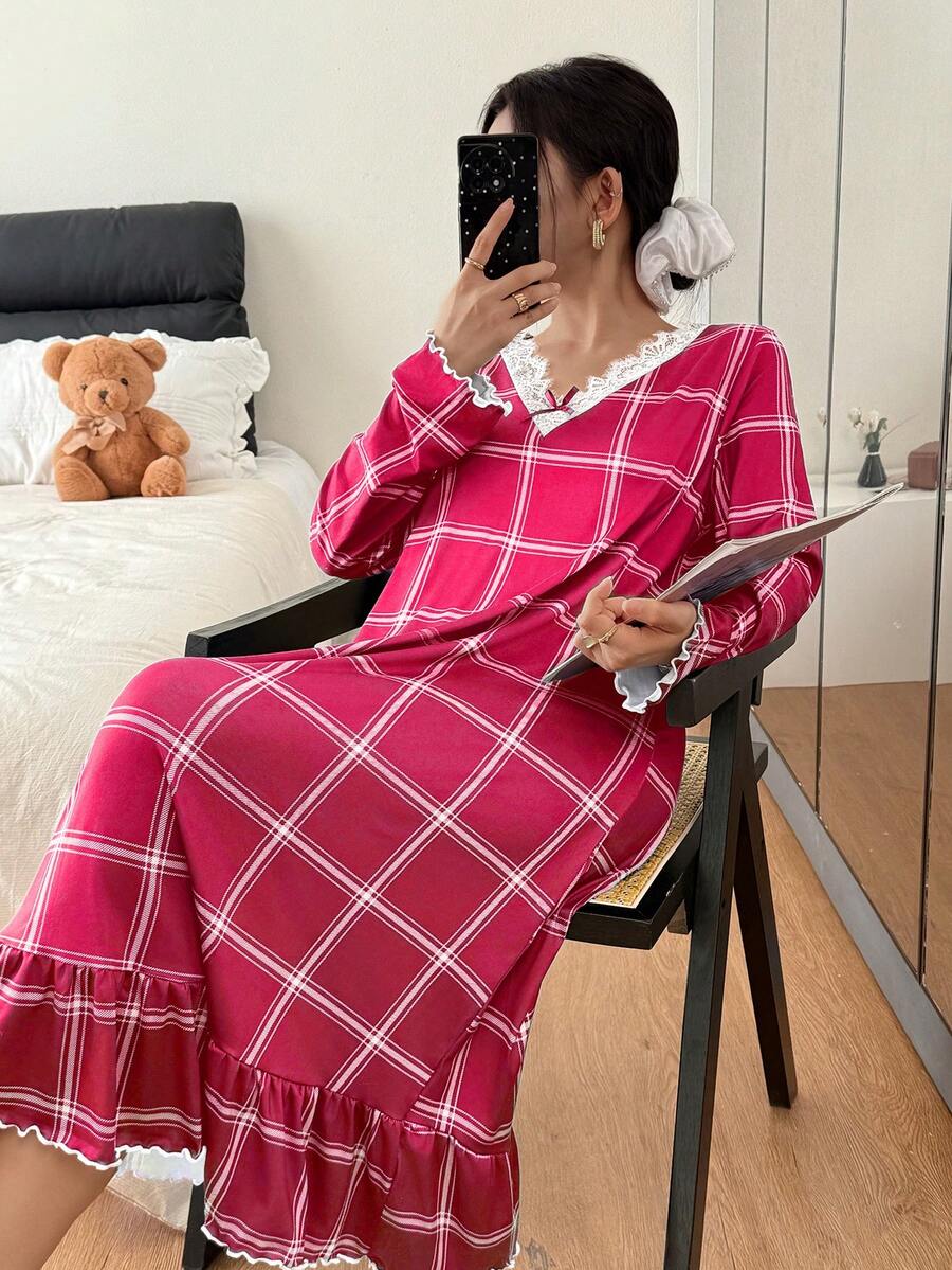 Women's Long Sleeve Nightgown, Hot Pink Plaid Midi Sleep Dress with Lace V-Neck and Ruffle Hem, Hot Pink, view 5