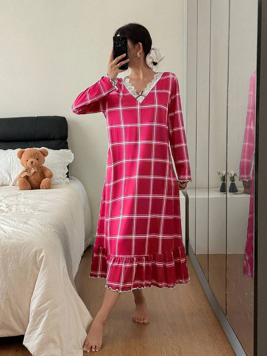 Women's Long Sleeve Nightgown, Hot Pink Plaid Midi Sleep Dress with Lace V-Neck and Ruffle Hem, Hot Pink, view 6