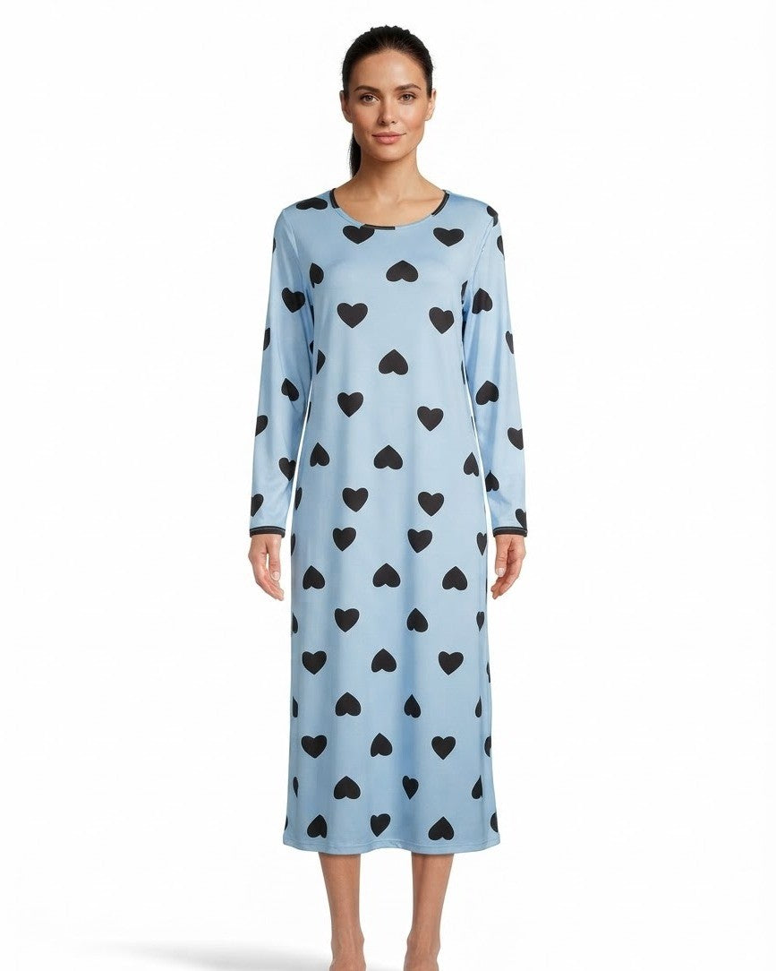 Women's Long Sleeve Nightgown, Light Blue Heart Print Scoop Neck Sleep Shirt, Midi Length, Light Blue