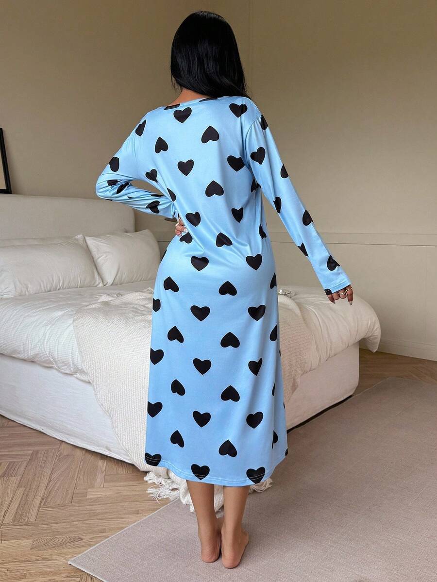 Women's Long Sleeve Nightgown, Light Blue Heart Print Scoop Neck Sleep Shirt, Midi Length, Light Blue, view 2