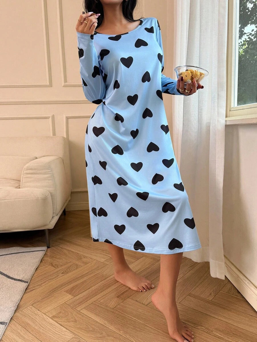 Women's Long Sleeve Nightgown, Light Blue Heart Print Scoop Neck Sleep Shirt, Midi Length, Light Blue, view 4