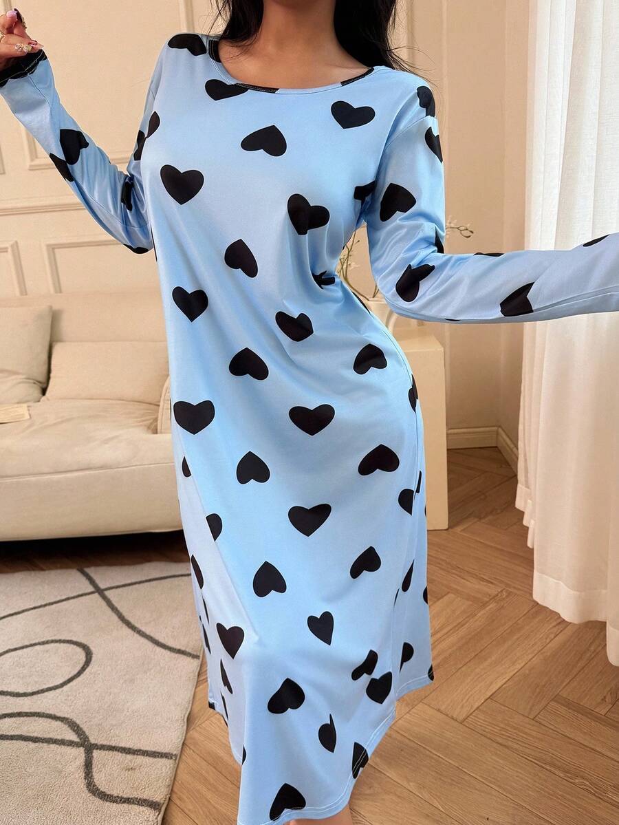Women's Long Sleeve Nightgown, Light Blue Heart Print Scoop Neck Sleep Shirt, Midi Length, Light Blue, view 5