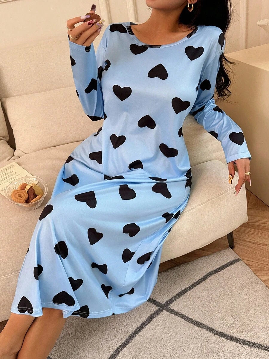 Women's Long Sleeve Nightgown, Light Blue Heart Print Scoop Neck Sleep Shirt, Midi Length, Light Blue, view 6
