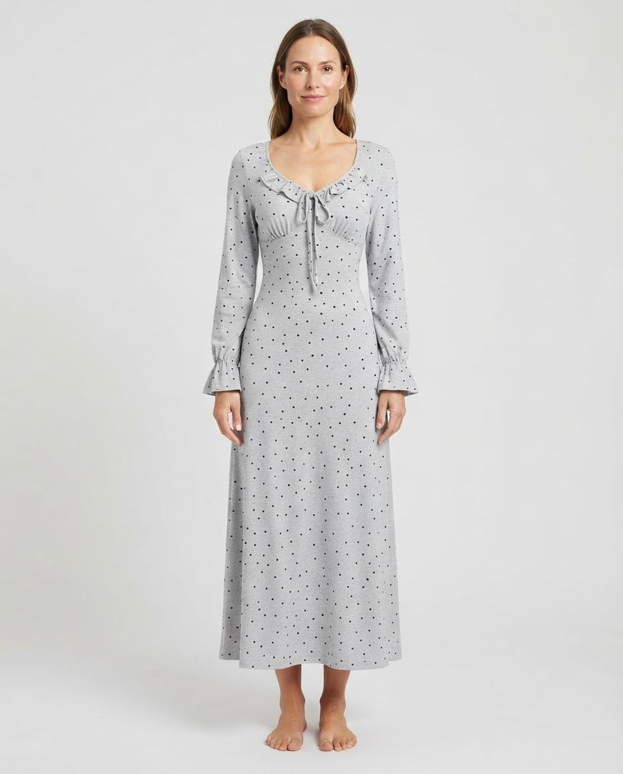 Women's Long Sleeve Nightgown, Light Gray Polka Dot Maxi Sleep Dress with Ruffle V-Neck and Bow, Light Gray