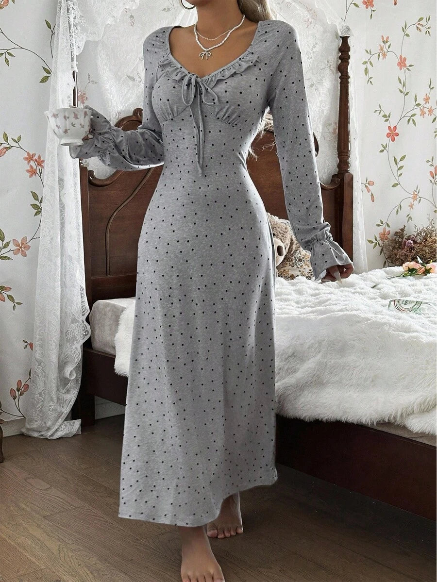 Women's Long Sleeve Nightgown, Light Gray Polka Dot Maxi Sleep Dress with Ruffle V-Neck and Bow, Light Gray