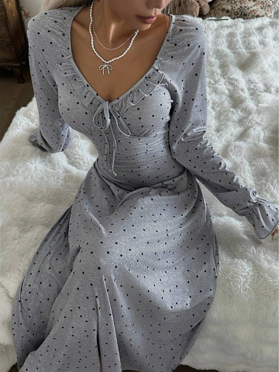 Women's Long Sleeve Nightgown, Light Gray Polka Dot Maxi Sleep Dress with Ruffle V-Neck and Bow, Light Gray, view 2