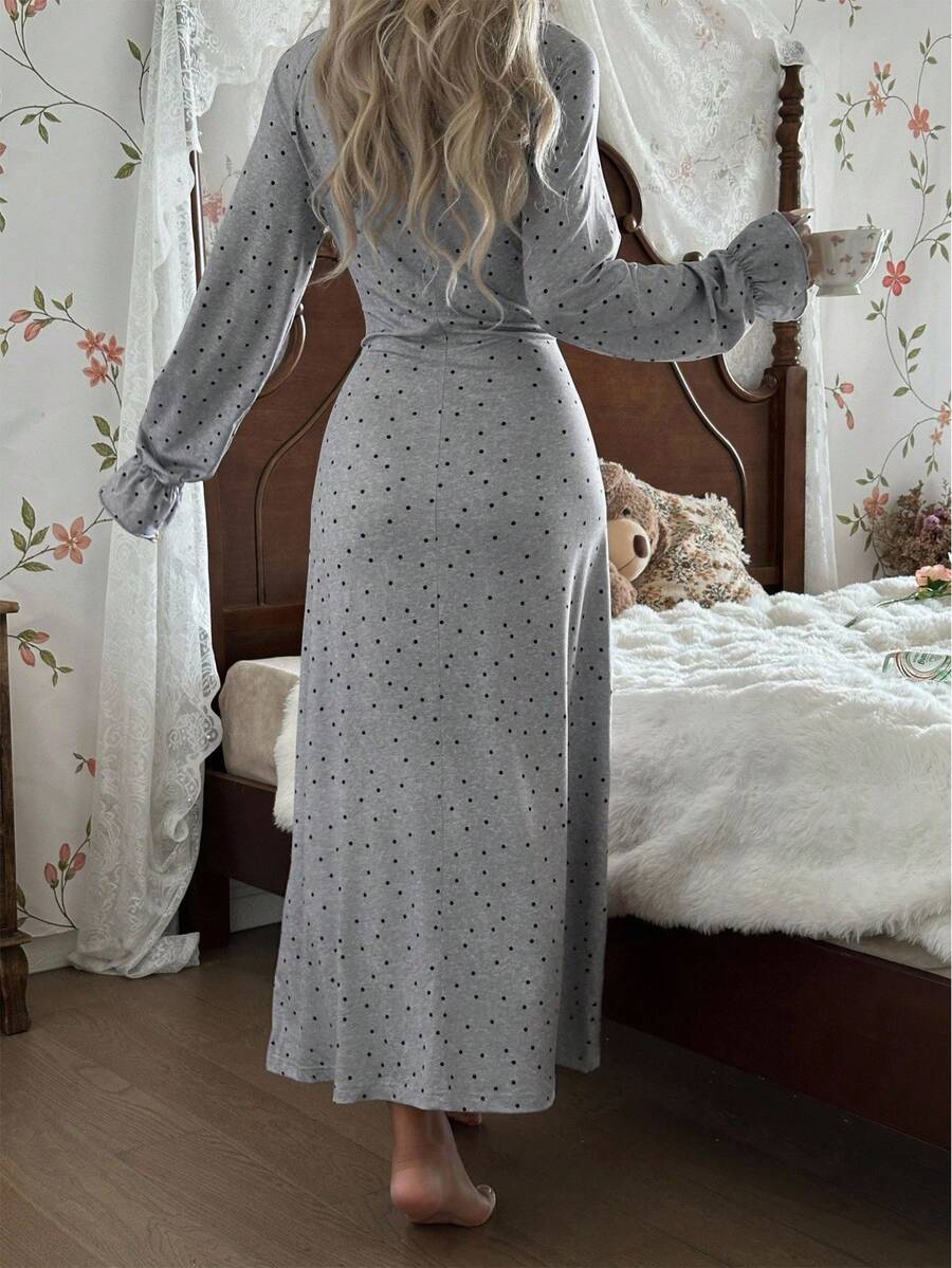 Women's Long Sleeve Nightgown, Light Gray Polka Dot Maxi Sleep Dress with Ruffle V-Neck and Bow, Light Gray, view 3