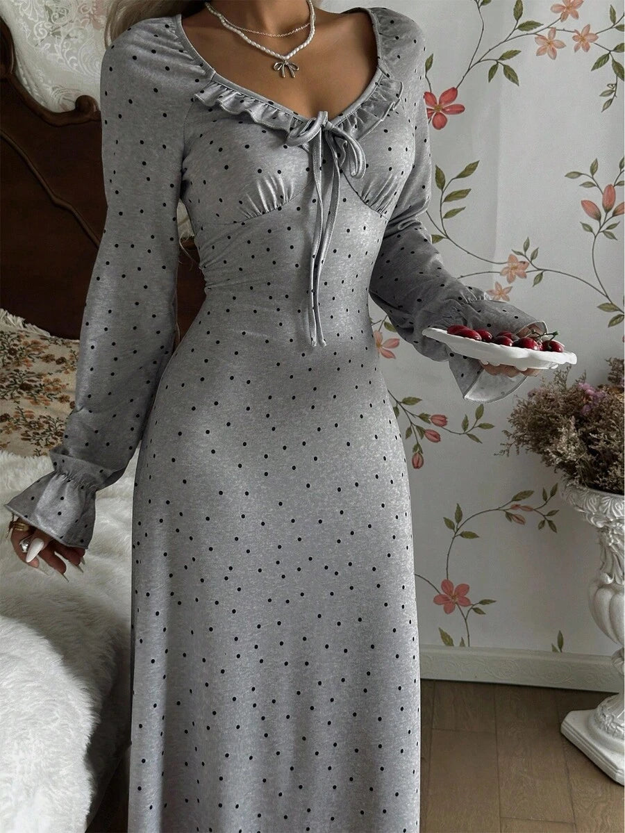 Women's Long Sleeve Nightgown, Light Gray Polka Dot Maxi Sleep Dress with Ruffle V-Neck and Bow, Light Gray, view 4