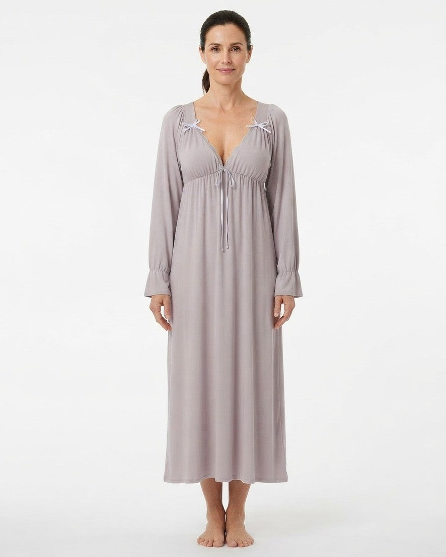 Women's Long Sleeve Nightgown, Mauve Lace V-Neck Maxi Sleep Dress with Bow Ties and Ruffle Cuffs, Mauve Purple