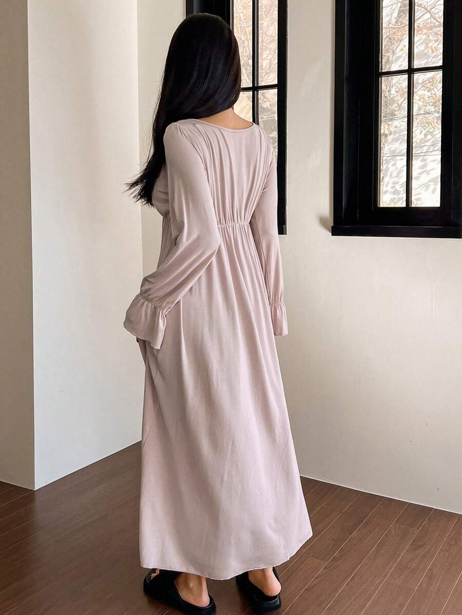 Women's Long Sleeve Nightgown, Mauve Lace V-Neck Maxi Sleep Dress with Bow Ties and Ruffle Cuffs, Mauve Purple, view 2