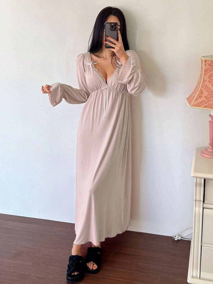 Women's Long Sleeve Nightgown, Mauve Lace V-Neck Maxi Sleep Dress with Bow Ties and Ruffle Cuffs, Mauve Purple, view 4