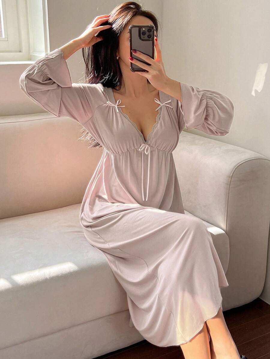 Women's Long Sleeve Nightgown, Mauve Lace V-Neck Maxi Sleep Dress with Bow Ties and Ruffle Cuffs, Mauve Purple, view 5