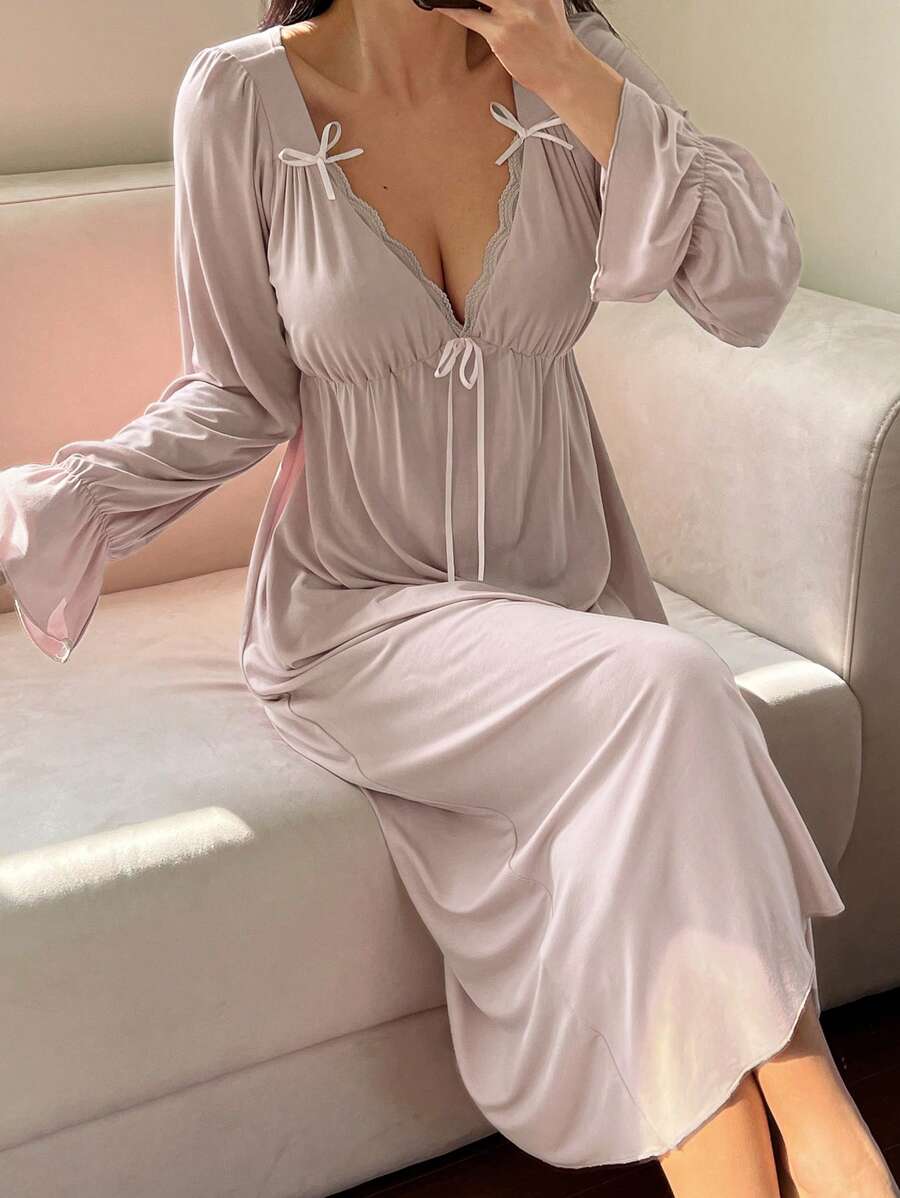 Women's Long Sleeve Nightgown, Mauve Lace V-Neck Maxi Sleep Dress with Bow Ties and Ruffle Cuffs, Mauve Purple, view 6