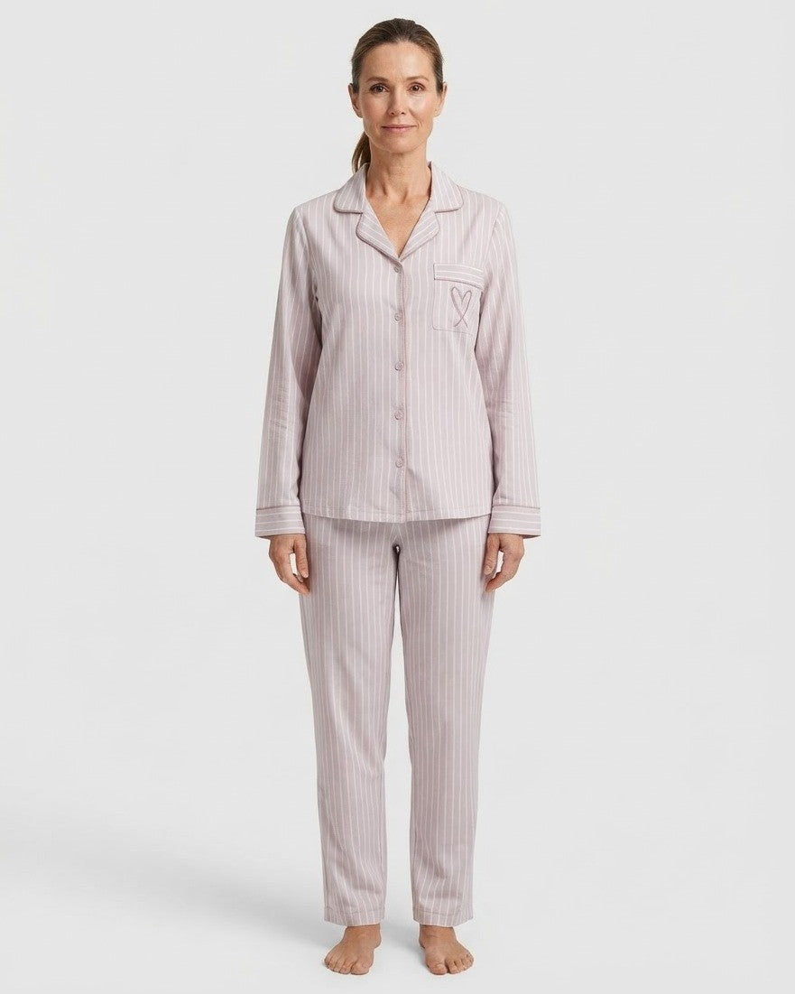 Women's Long Sleeve Pajama Set, Pink Striped Button-Down Top and Pants with Heart Embroidery, Baby Pink