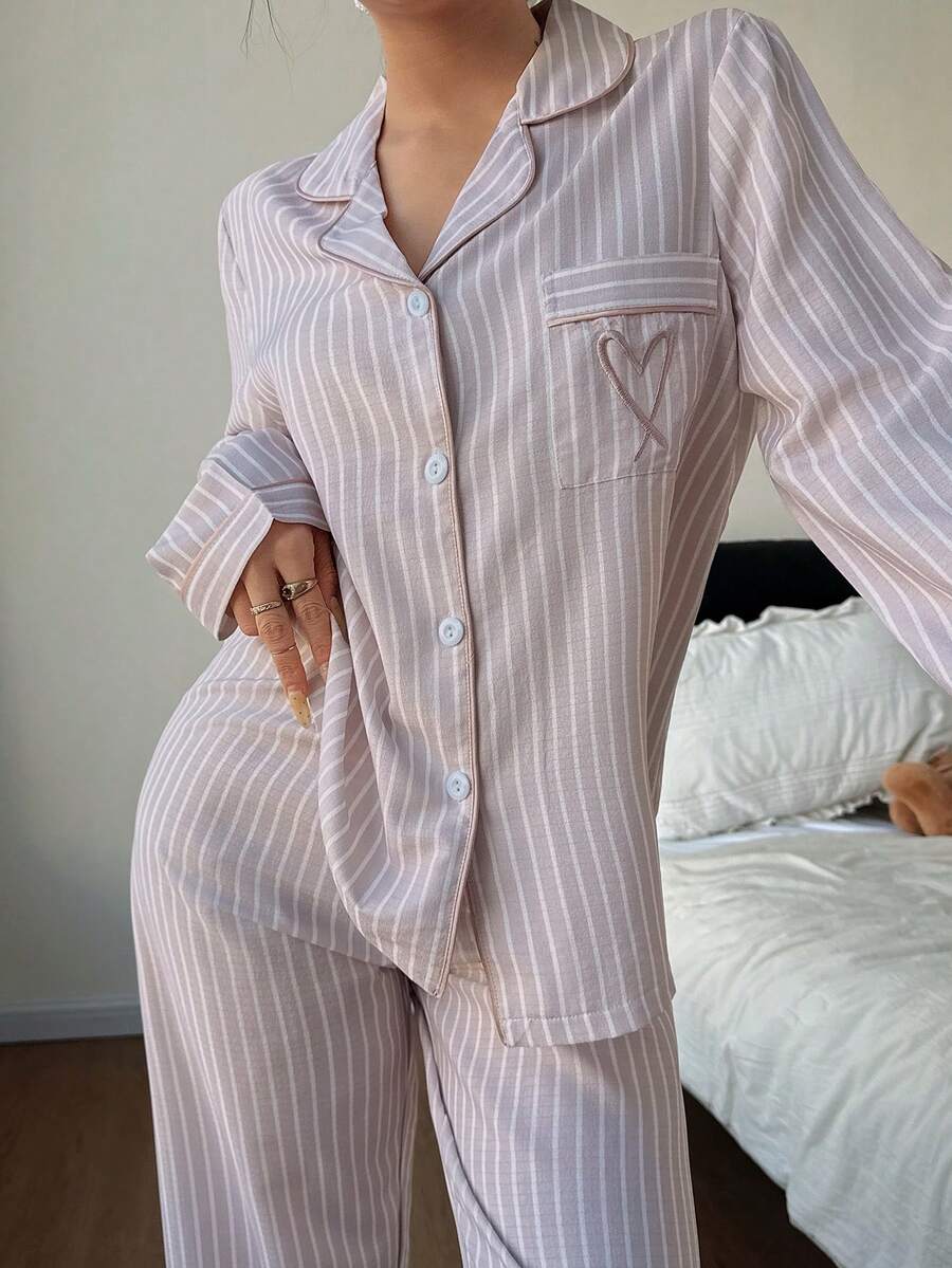 Women's Long Sleeve Pajama Set, Pink Striped Button-Down Top and Pants with Heart Embroidery, Baby Pink