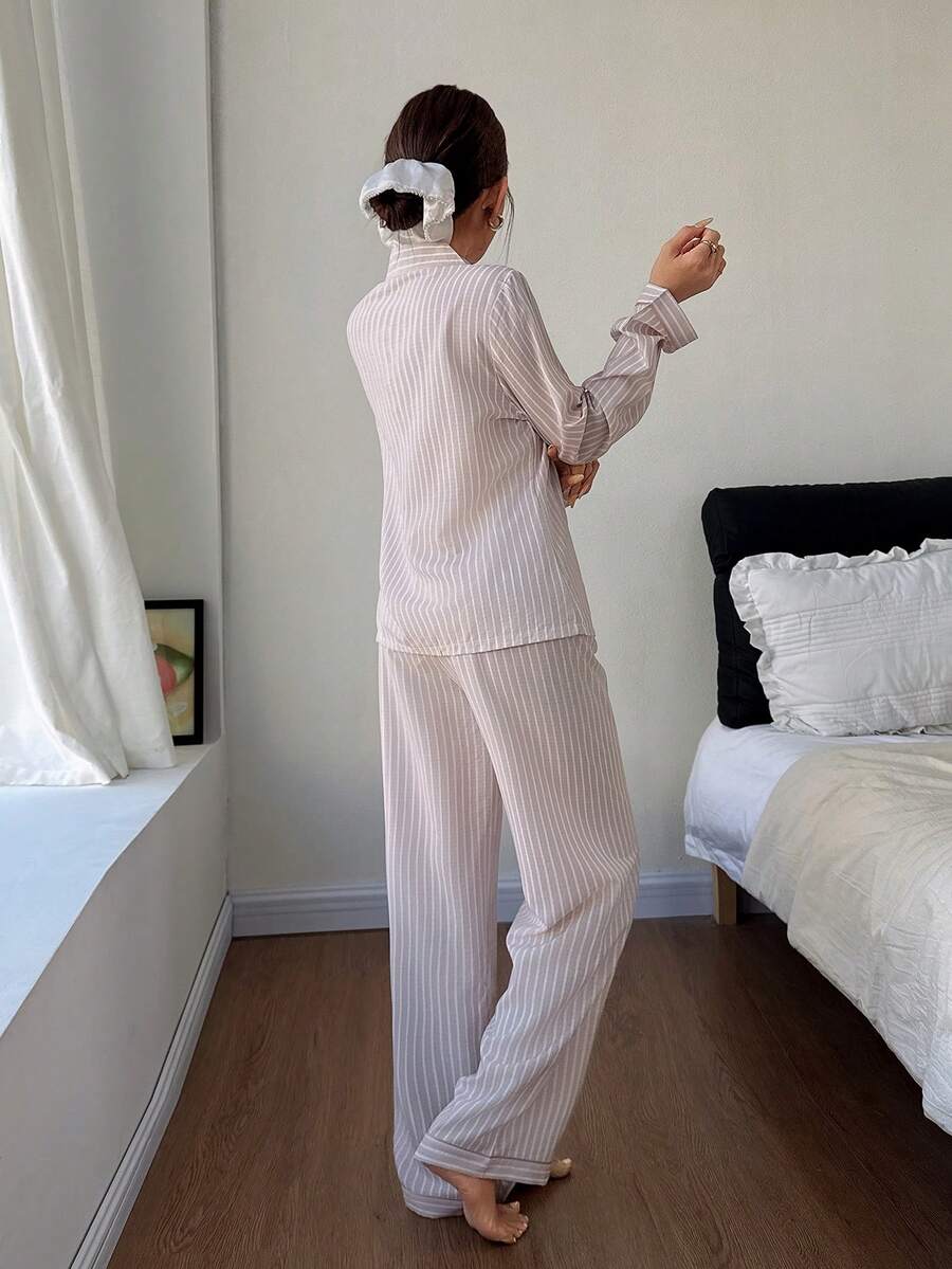 Women's Long Sleeve Pajama Set, Pink Striped Button-Down Top and Pants with Heart Embroidery, Baby Pink, view 2
