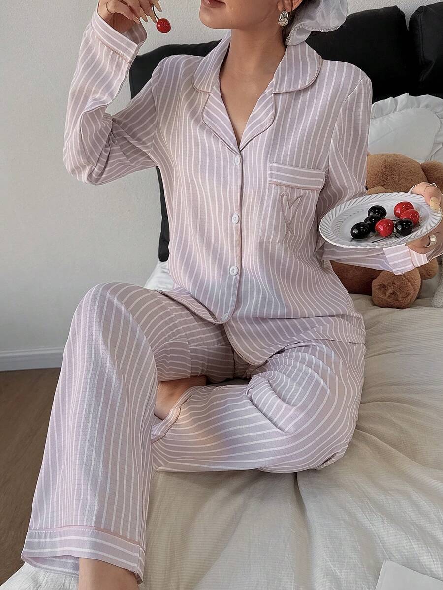 Women's Long Sleeve Pajama Set, Pink Striped Button-Down Top and Pants with Heart Embroidery, Baby Pink, view 4