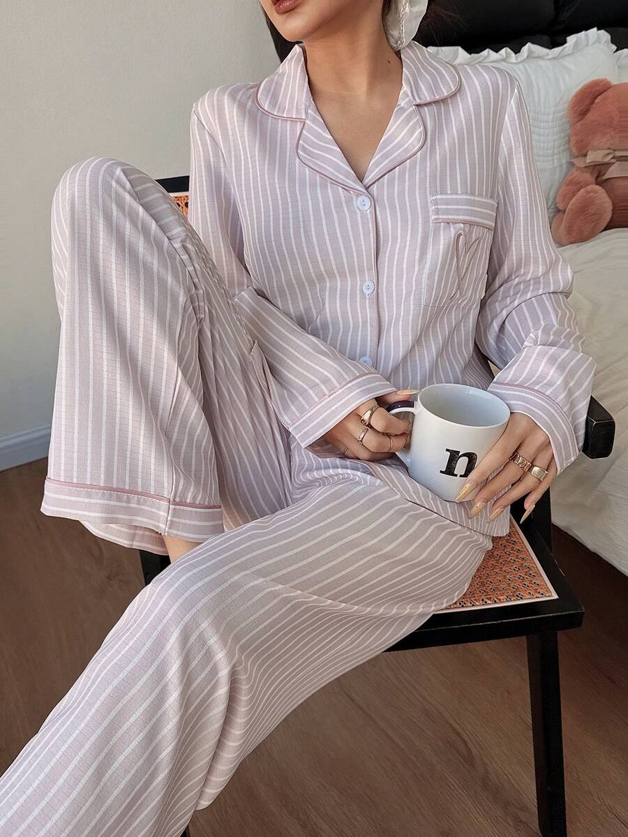 Women's Long Sleeve Pajama Set, Pink Striped Button-Down Top and Pants with Heart Embroidery, Baby Pink, view 5