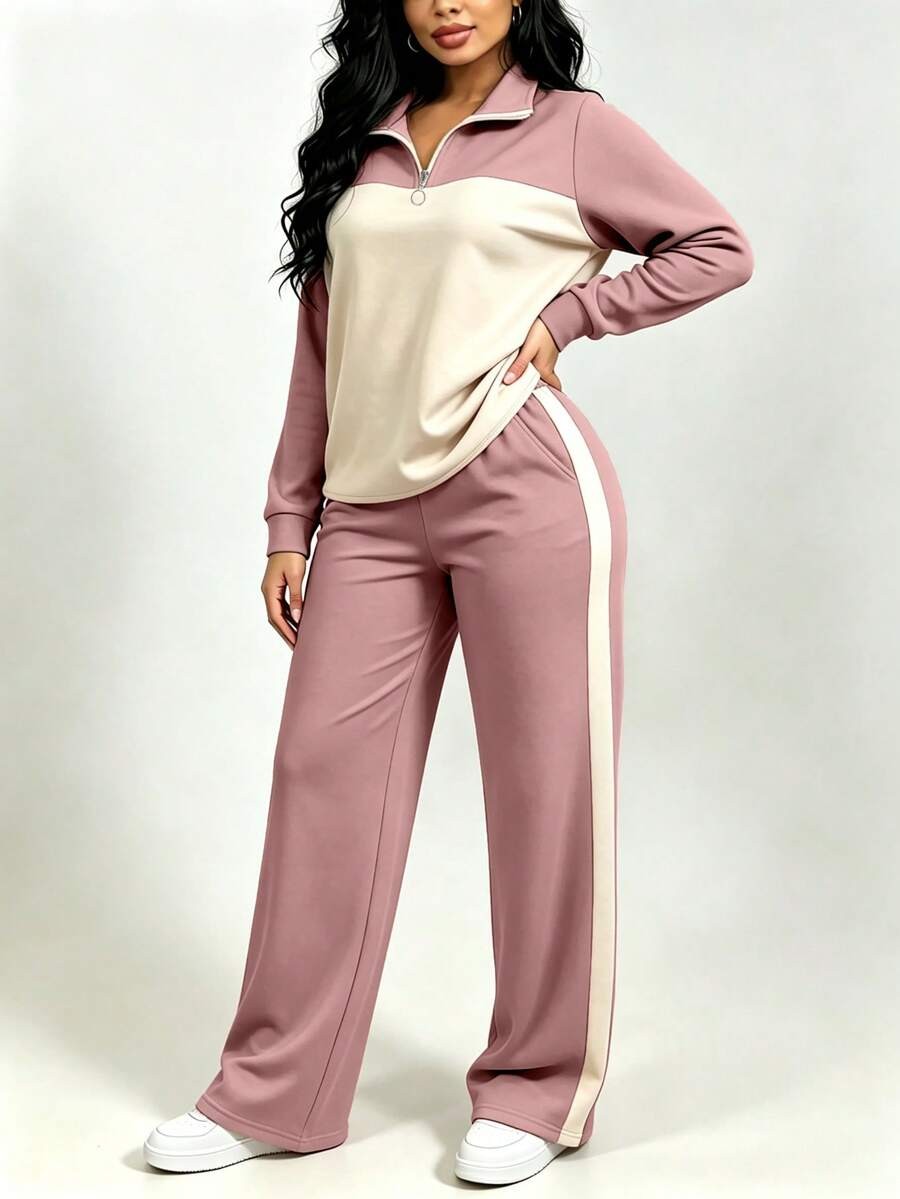 Women's Lounge Set, Colorblock Quarter-Zip Sweatshirt and Wide Leg Pants with Side Stripe, Pink/Cream