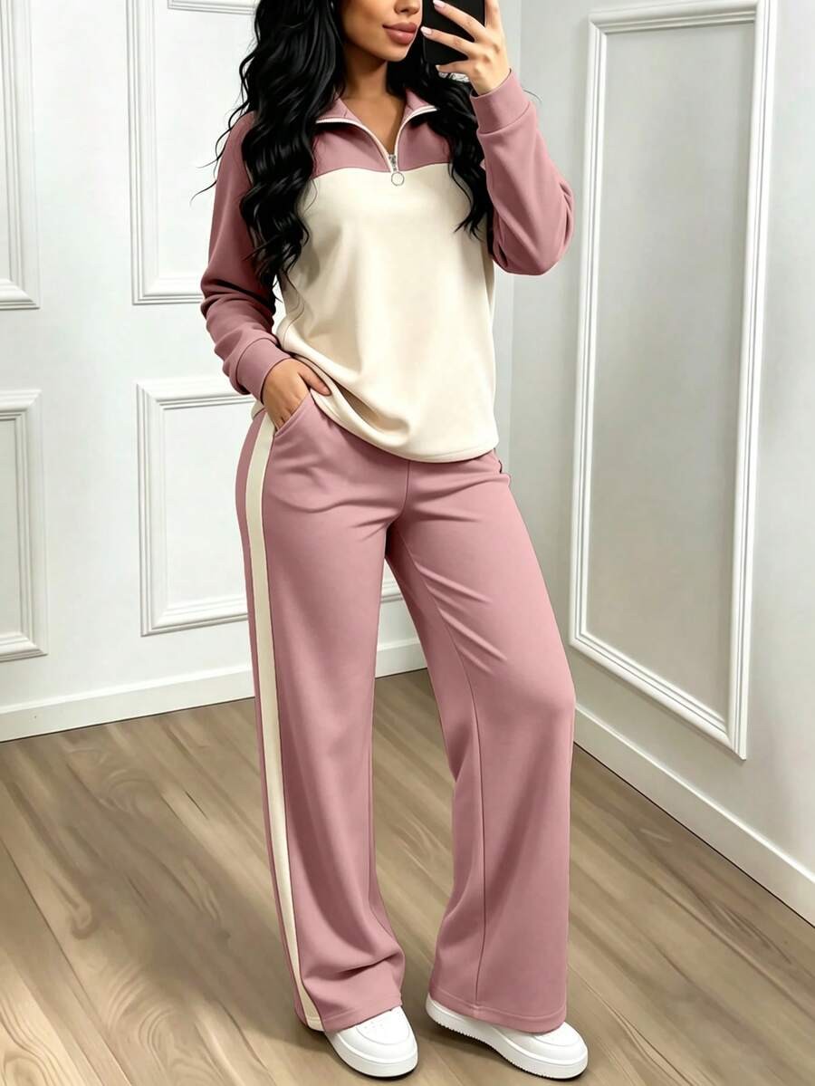 Women's Lounge Set, Colorblock Quarter-Zip Sweatshirt and Wide Leg Pants with Side Stripe, Pink/Cream, view 2