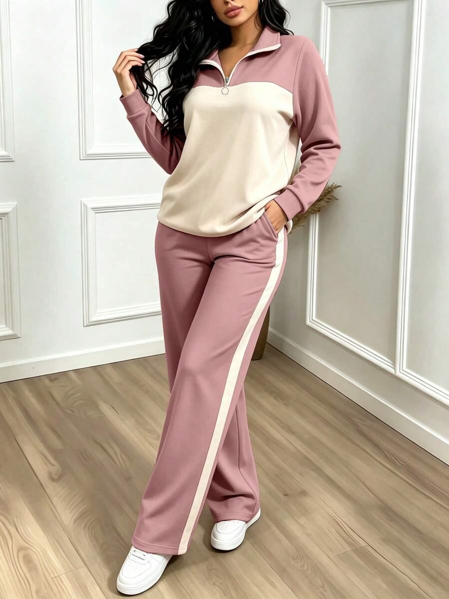 Women's Lounge Set, Colorblock Quarter-Zip Sweatshirt and Wide Leg Pants with Side Stripe, Pink/Cream, view 3