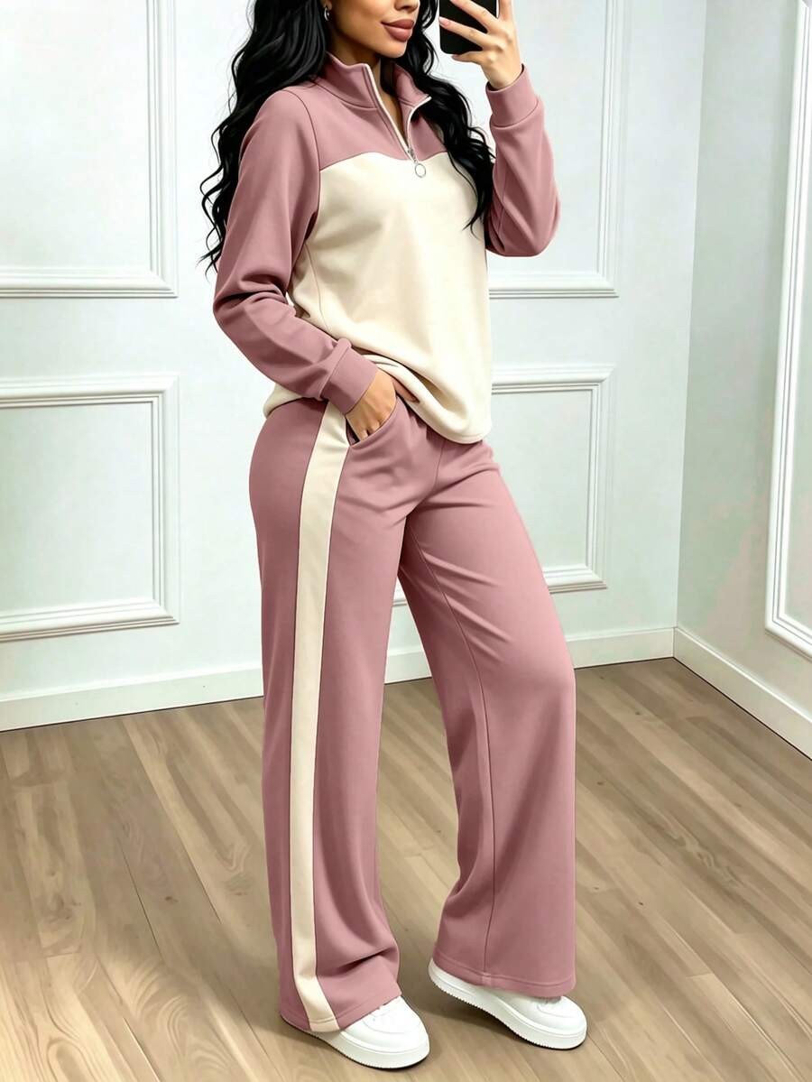 Women's Lounge Set, Colorblock Quarter-Zip Sweatshirt and Wide Leg Pants with Side Stripe, Pink/Cream, view 4