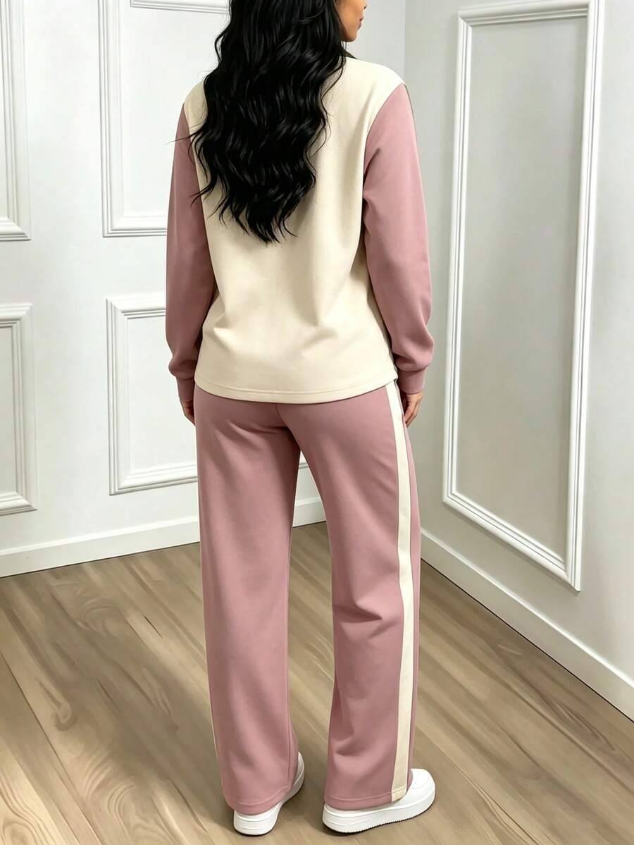Women's Lounge Set, Colorblock Quarter-Zip Sweatshirt and Wide Leg Pants with Side Stripe, Pink/Cream, view 6