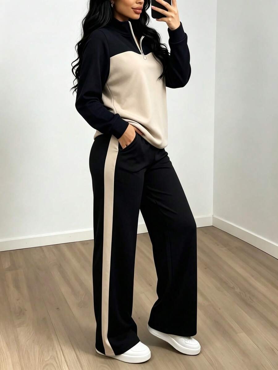 Women's Lounge Set, Colorblock Quarter-Zip Sweatshirt and Wide Leg Pants with Side Stripe, Black/Cream, view 9