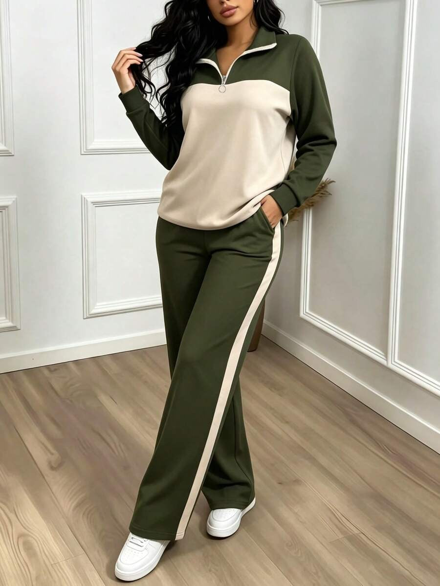 Women's Lounge Set, Colorblock Quarter-Zip Sweatshirt and Wide Leg Pants with Side Stripe, Olive/Cream, view 14