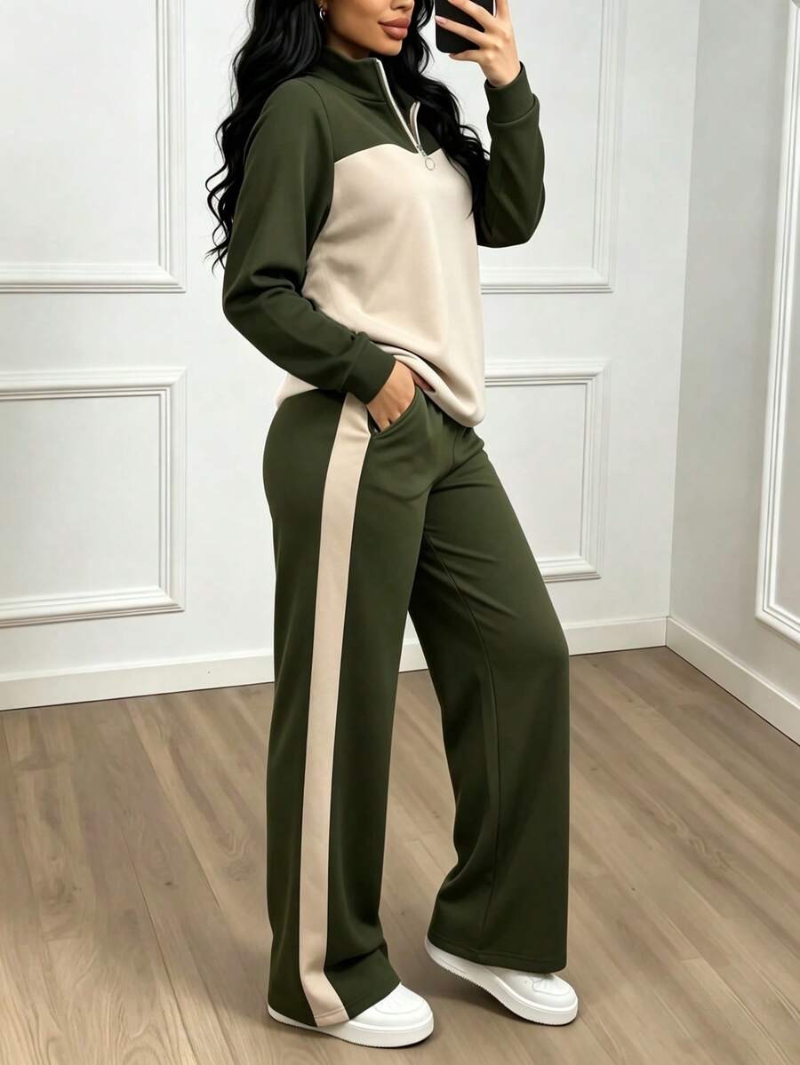 Women's Lounge Set, Colorblock Quarter-Zip Sweatshirt and Wide Leg Pants with Side Stripe, Olive/Cream, view 15