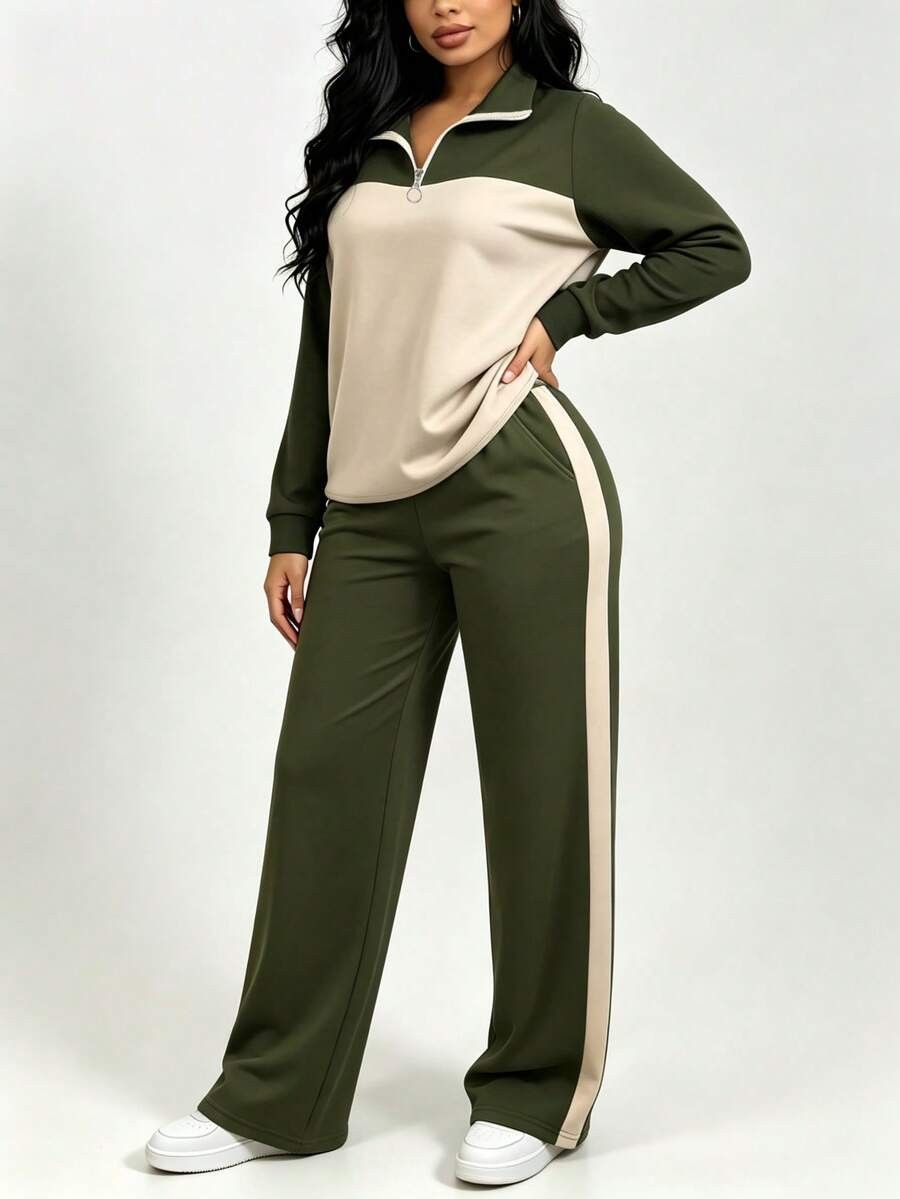 Women's Lounge Set, Colorblock Quarter-Zip Sweatshirt and Wide Leg Pants with Side Stripe, Olive/Cream, view 16