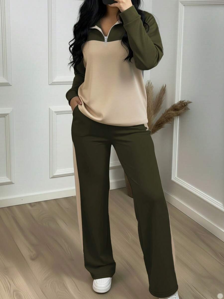 Women's Lounge Set, Colorblock Quarter-Zip Sweatshirt and Wide Leg Pants with Side Stripe, Olive/Cream, view 18