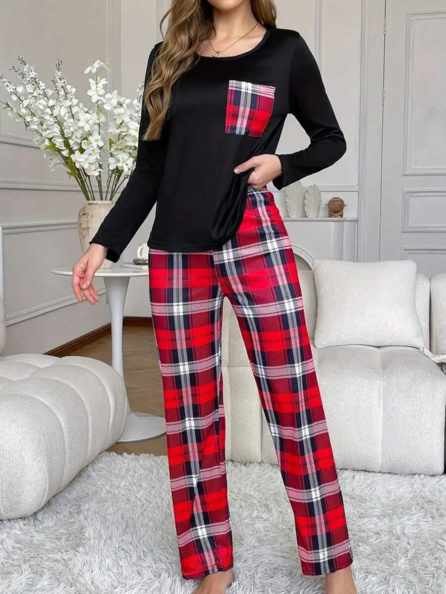 Women's Plaid Pajama Set, Black Long Sleeve Top with Chest Pocket and Red Tartan Pants, Black/Red