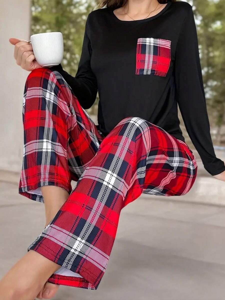 Women's Plaid Pajama Set, Black Long Sleeve Top with Chest Pocket and Red Tartan Pants, Black/Red, view 2