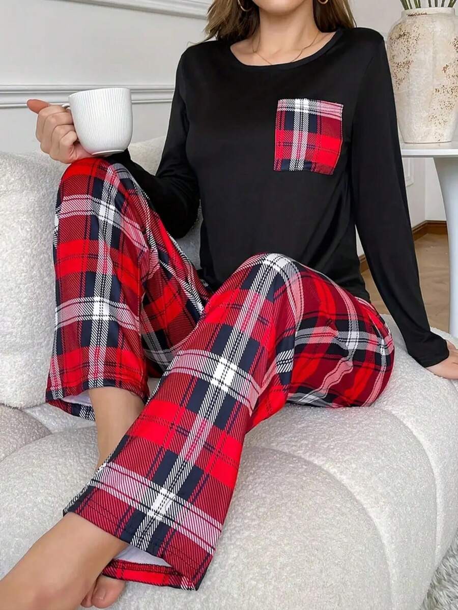 Women's Plaid Pajama Set, Black Long Sleeve Top with Chest Pocket and Red Tartan Pants, Black/Red, view 3
