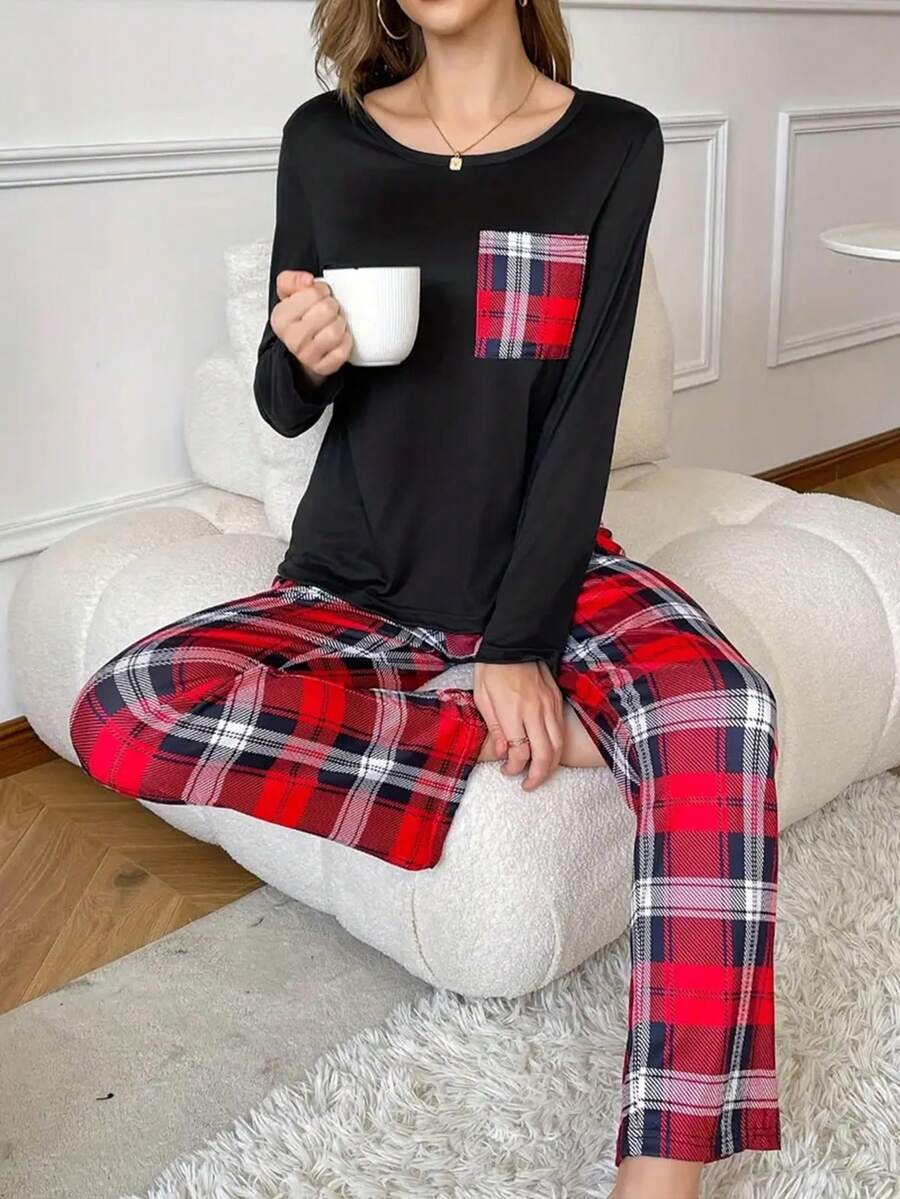 Women's Plaid Pajama Set, Black Long Sleeve Top with Chest Pocket and Red Tartan Pants, Black/Red, view 4