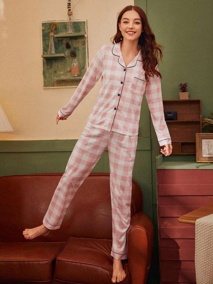 Women's Plaid Pajama Set, Pink Gingham Button-Down Top and Pants with Black Piping, Pink