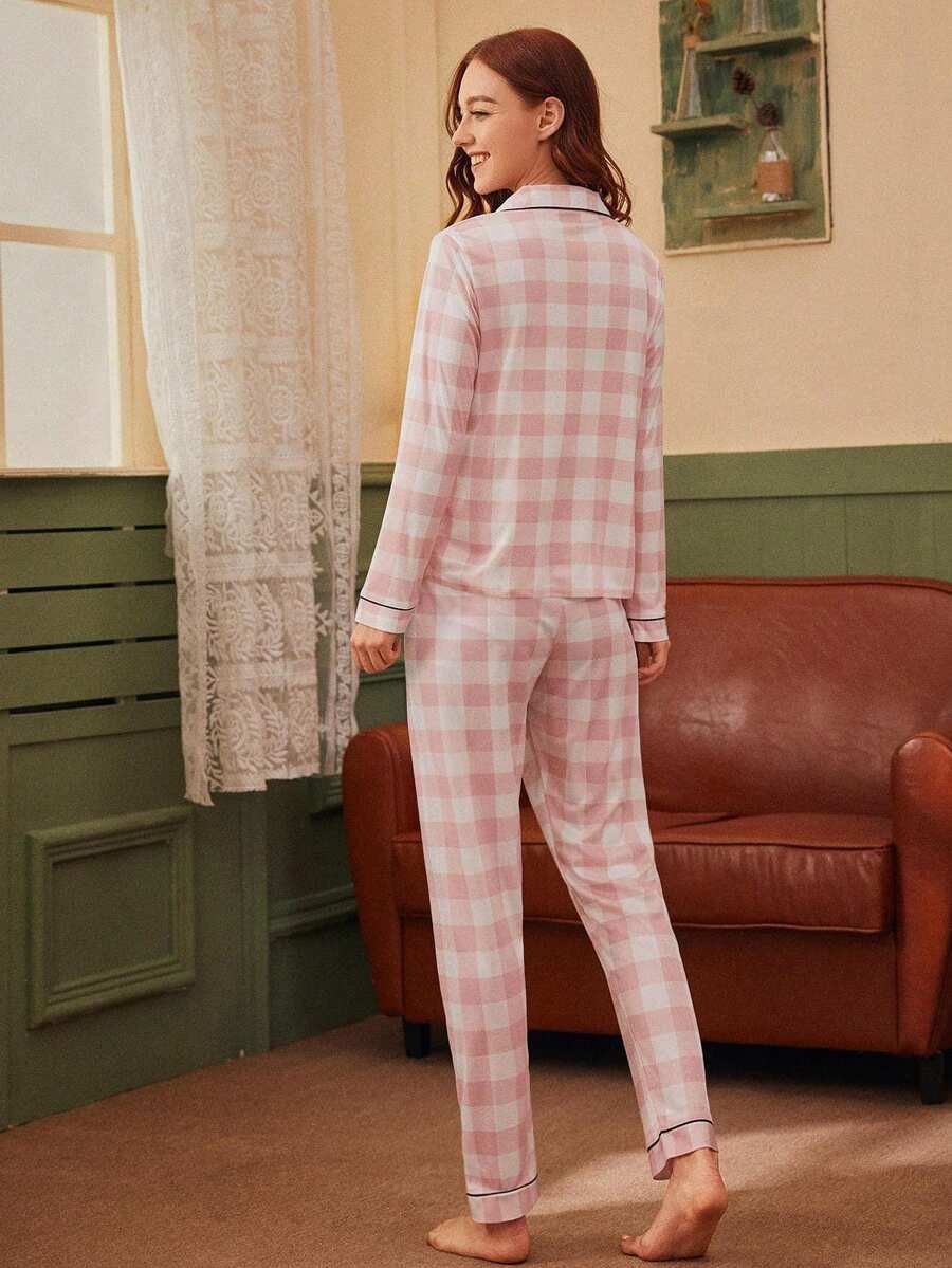 Women's Plaid Pajama Set, Pink Gingham Button-Down Top and Pants with Black Piping, Pink, view 3