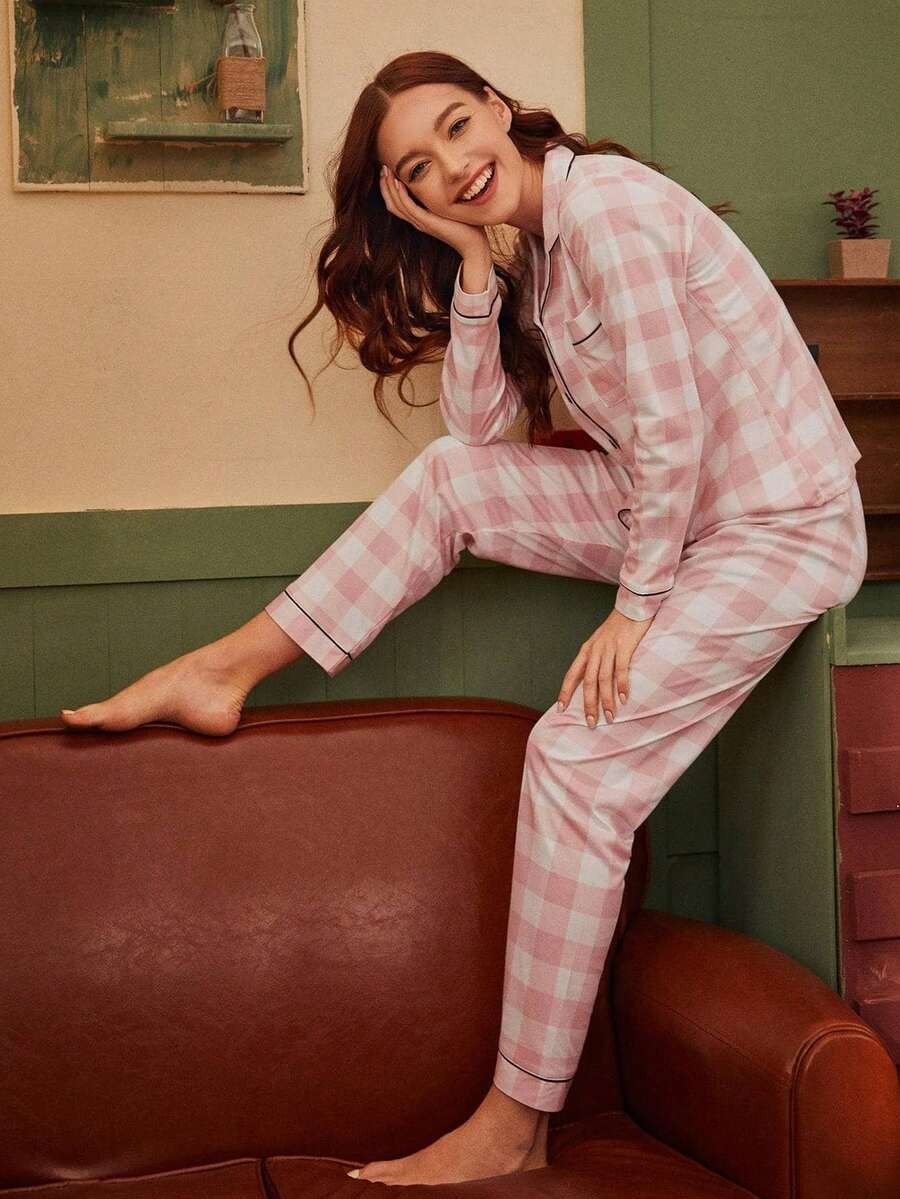 Women's Plaid Pajama Set, Pink Gingham Button-Down Top and Pants with Black Piping, Pink, view 4