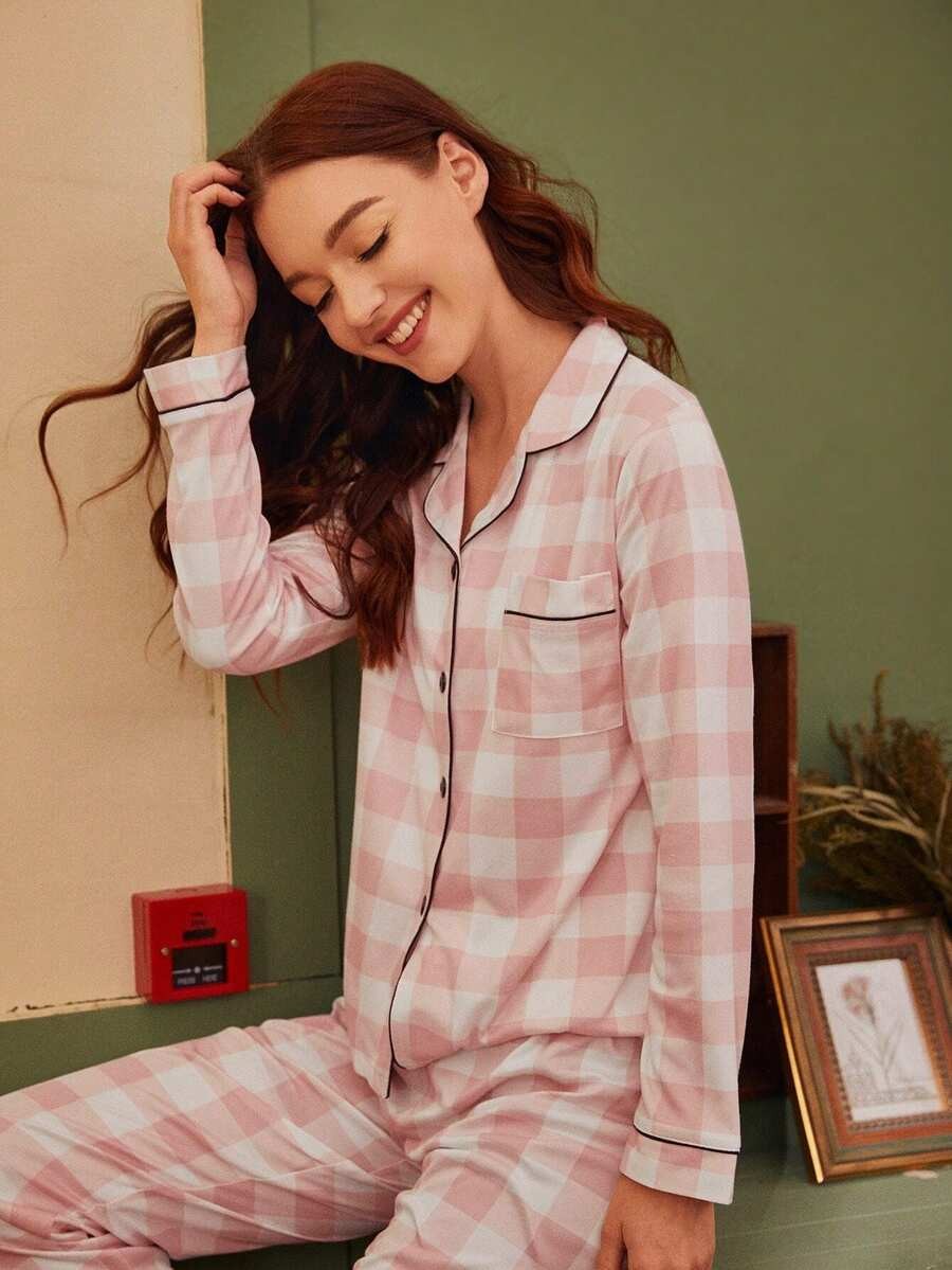 Women's Plaid Pajama Set, Pink Gingham Button-Down Top and Pants with Black Piping, Pink, view 5