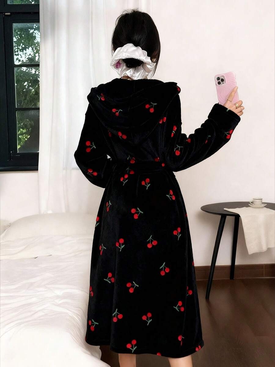 Women's Plush Hooded Robe, Cherry Print Fleece Bathrobe with Tie Belt and Pockets, Midi Length, Black, view 2